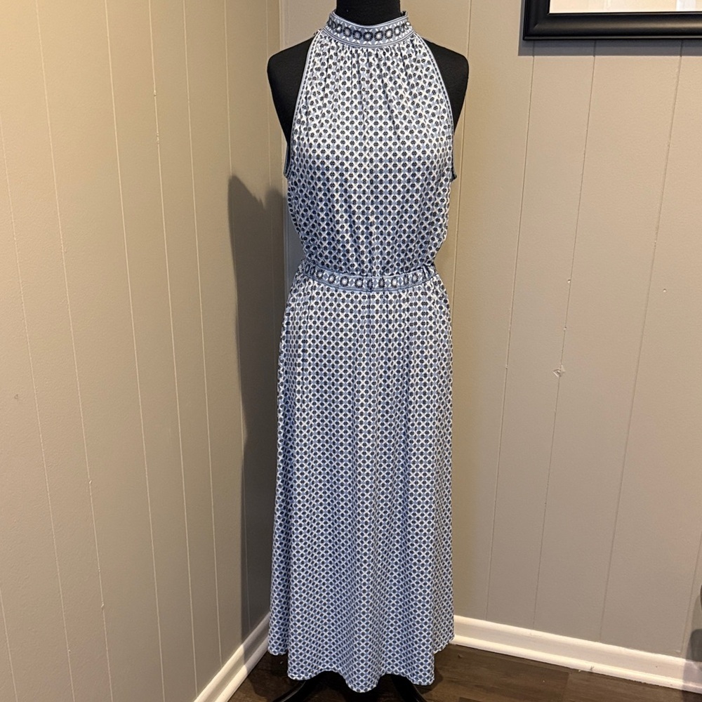 Max Studio Women’s Small Floral Navy Patterned Maxi Dress Stretch Waist